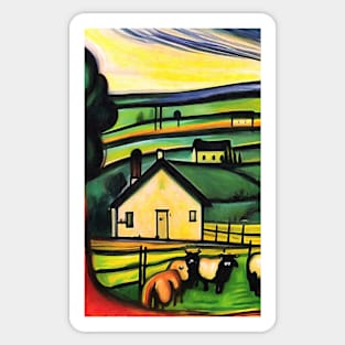 Colourful oil painting of a farm with sheep Sticker